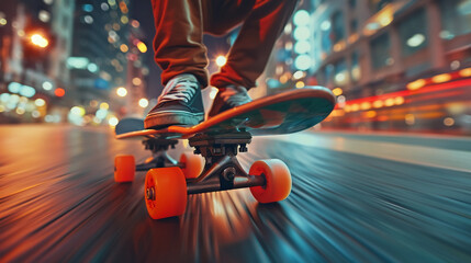Cityscape Motion: Editorial Brilliance in Skateboard Overdrive - obrazy, fototapety, plakaty