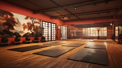 Rucksack hall interior with training mats and martial arts © Pretty Panda