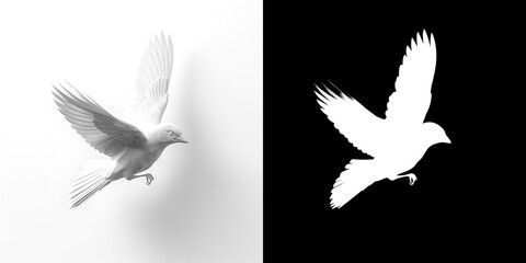 white bird illustration, 3D model of a bird in flight, open wings, flight, alpha channel included, cutout mask included