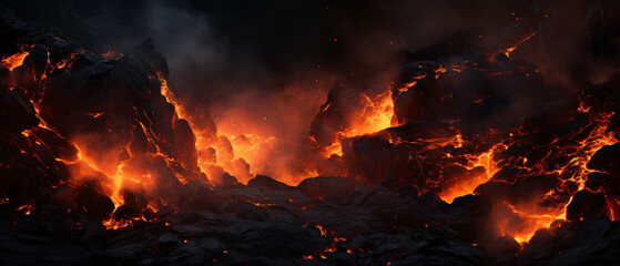 Burning coal creates glowing fire, detailed energy panorama.