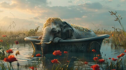 Elephant in bathtub - obrazy, fototapety, plakaty