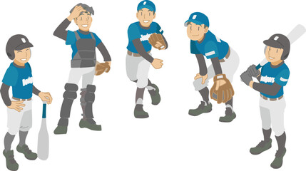 野球チームでプレイする少年たちのイラスト