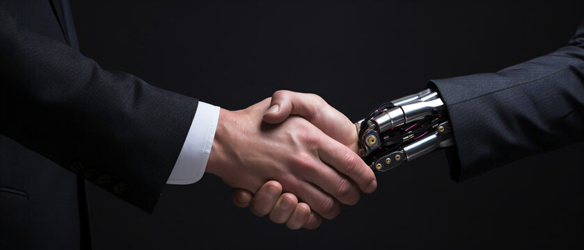 Businessperson, human hand, and robot are shaking hands.