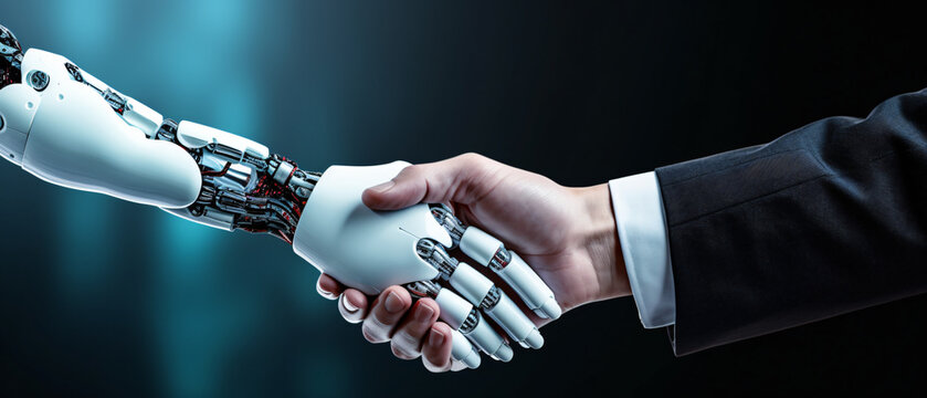Businessperson, human hand, and robot are shaking hands.