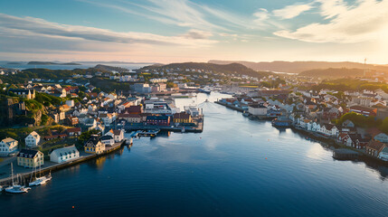 Aerial View of Haugesund Norway with Copy Space, Isolated Scenic Landscape of Coastal Town, Travel Destination, Generative AI

 - obrazy, fototapety, plakaty