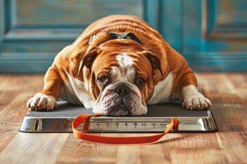 Problem of animal obesity, a pet dog suffers from excess weight at home - obrazy, fototapety, plakaty