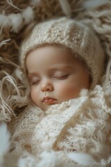 Fototapeta na wymiar Professional Photography of a newborn nestled in a fluffy cloud of soft feathers, Generative AI