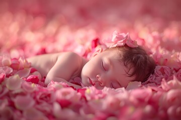 Obraz na płótnie Canvas Professional Photography of a newborn peacefully sleeping on a bed of rose petals, Generative AI