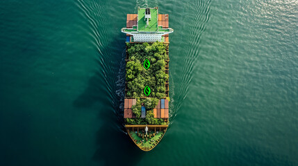 A ship decorated with green leaves symbolizes energy-efficient and sustainable use at sea.