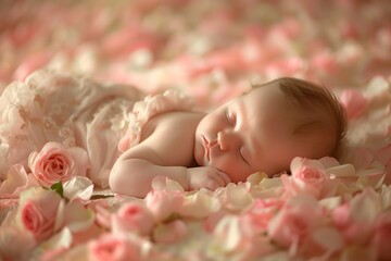 Professional Photography of a newborn peacefully sleeping on a bed of rose petals, Generative AI