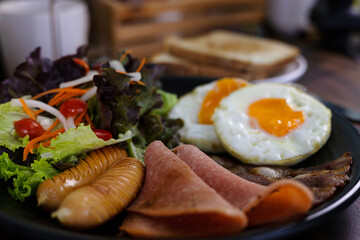 Healthy Breakfast With Fresh Organic Vegetable Salad Fried Egg And Sausages
