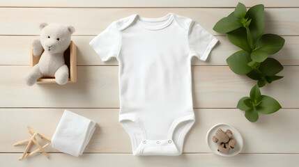 Mockup of white infant suit made of organic cotton with baby accessories