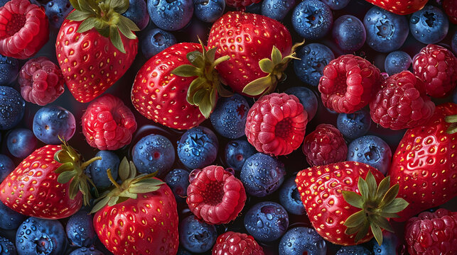 Seamless background image of lots of fresh strawberryand blueberry and raspberry with few water drops on cherry