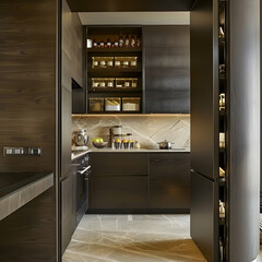 modern kitchen pantry interior design with dark wooden laminate finishing and marble stone wall with color scheme