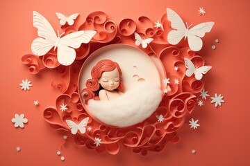 Baby sleeping cozy with baby wrap and butterfly flying around, new born greeting card concept, paper cut out effect