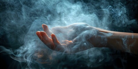 A hand emerges from swirling smoke against a dark backdrop. Concept Dark Photography, Mysterious Concept, Smoke Effect, Artistic Presentation