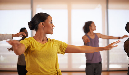 People, ballet and dance together in studio, performance and training for rehearsal or theatre. Partners, competitive and movement for recital, team and artists for collaboration in creative routine © Mapodile/peopleimages.com