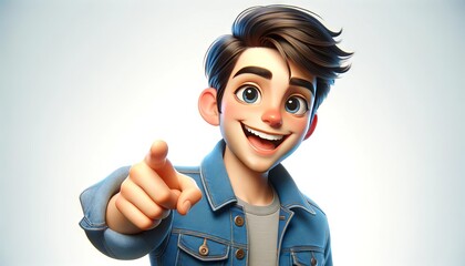 An animated, whimsical close to medium shot of a young man in a blue denim jacket, smiling widely and pointing at the camera.