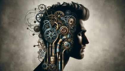 A man's silhouette in a close or medium shot against a muted background, with mechanical and steampunk elements like gears, clock parts, and brass pip.