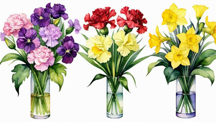 Blooms of Elegance Vibrant Watercolor Bouquet of Carnations, Violets, and Daffodils on a Serene White Canvas