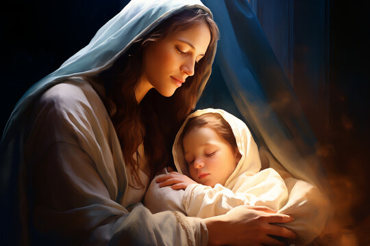 Serene Madonna with Child, Holy Light Aura, Traditional Art Style