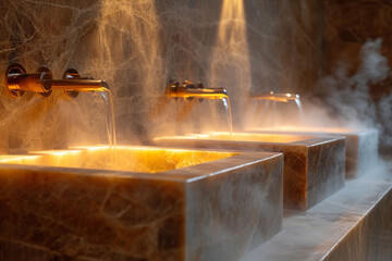 The steamy ambiance of a Turkish hammam, emphasizing the marble basins, faucets, and the interplay of light and shadow. - obrazy, fototapety, plakaty
