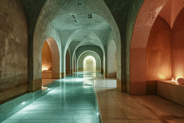 The transitional space of a Turkish hammam, capturing the passage from the warm to the refreshing cool area, featuring characteristic archways and a s - obrazy, fototapety, plakaty