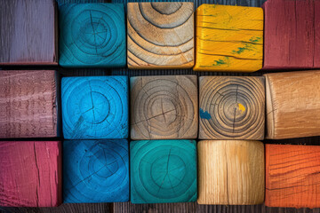 An arrangement of multi-colored wooden blocks in a seamless gradient pattern on a rustic wooden surface, illuminated by soft natural lighting to enhance the textures.