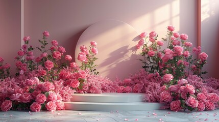 Stone pedestal wall with pink flowers modern background for Product display design, minimal mockup