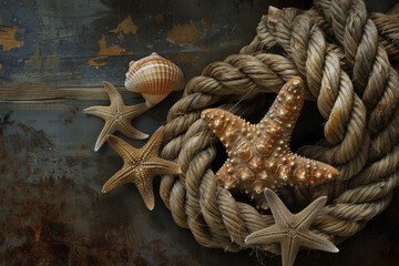 A coil of thick, aged ship's rope intertwined with delicate seashells and starfish. - obrazy, fototapety, plakaty