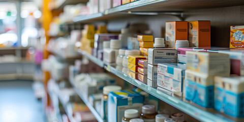 A pharmacy with medicines on the shelves on a blurred background. The concept of selling medicines, medical supplies, dietary supplements, medical equipment in close-up.