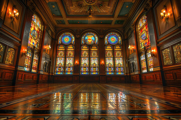 Obraz premium Majestic Masonic lodge interior adorned with symbolic stained glass windows depicting sacred geometry and esoteric symbols.