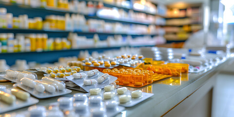 A pharmacy with medicines on the shelves on a blurred background. The concept of selling medicines, medical supplies, dietary supplements, medical equipment in close-up.