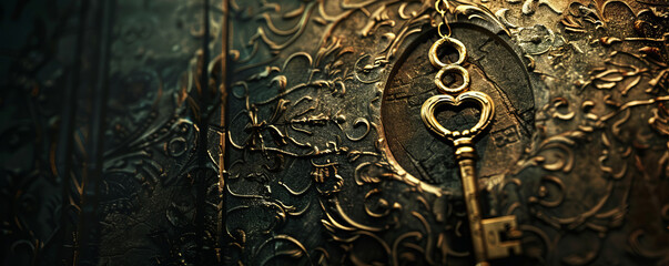 An image capturing a symbolic key adorned with detailed Masonic engravings suspended from a vintage keyhole, encircled by ancient scrolls and geometric designs, photographed in dim lighting. - obrazy, fototapety, plakaty