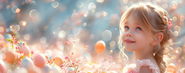 Easter banner with a place for text. Cute little girl on a background of flowers and colored Easter eggs. - obrazy, fototapety, plakaty