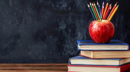 Apple on Stack of Books with Pencils and Blank Chalkboard, School Supplies for Education Concept, Back to School Theme, Generative AI

 - obrazy, fototapety, plakaty