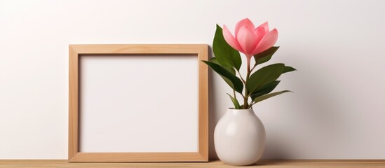 A beautiful artifact, a picture frame, and a vase with flowers sit on a wooden table. The vibrant petals of the flowers add color to the room, creating a lovely flower arrangement