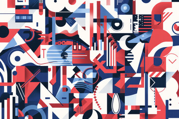 A colorful illustration integrating bold geometric shapes and patterns to represent the diverse voices and opinions in the American electoral process