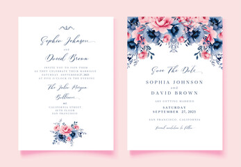 Vintage Floral Wedding Invitation, Save The Date , blue antique wedding with Watercolor flowers.