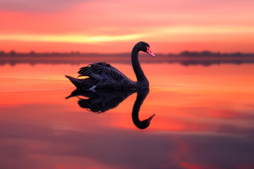 A black swan glides elegantly across a mirror-like lake at sunset, with the sky painted in hues of orange and pink.