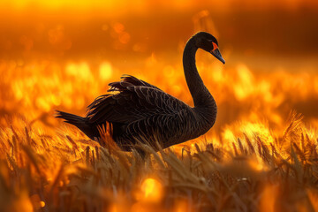A regal black swan stands amidst a field of golden wheat, illuminated by the warm glow of sunset. This rustic and poetic image evokes images of nature's beauty and elegance.