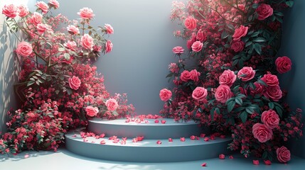 Fototapeta na wymiar Stone pedestal wall with pink flowers modern background for Product display design, minimal mockup