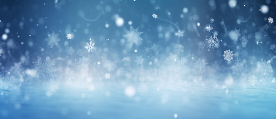 Snowflakes Falling on Blue Background, Winter Landscape - obrazy, fototapety, plakaty