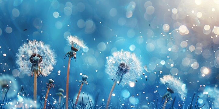 Delicate dandelion seed heads against a mesmerizing blue background with sparkling light effects.