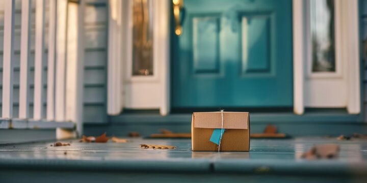 A solitary cardboard box with a shipping label sits on the porch of a home, indicating delivery.