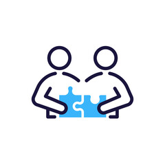 Collaboration icon with two people fitting puzzle pieces together. Vector illustration symbol for teamwork, partnership, problem solution, creativity and joint solution concept