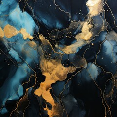 Abstract painting with deep blue and gold ink swirls, evoking luxury and depth.