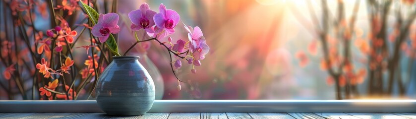 Elegant orchids in a vase with sunlight streaming through a vibrant background. - obrazy, fototapety, plakaty