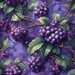 Detailed botanical illustration of grapes in a classical style with purple tones.