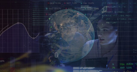 Image of data over diverse male and female it engineer with tablet by computer servers